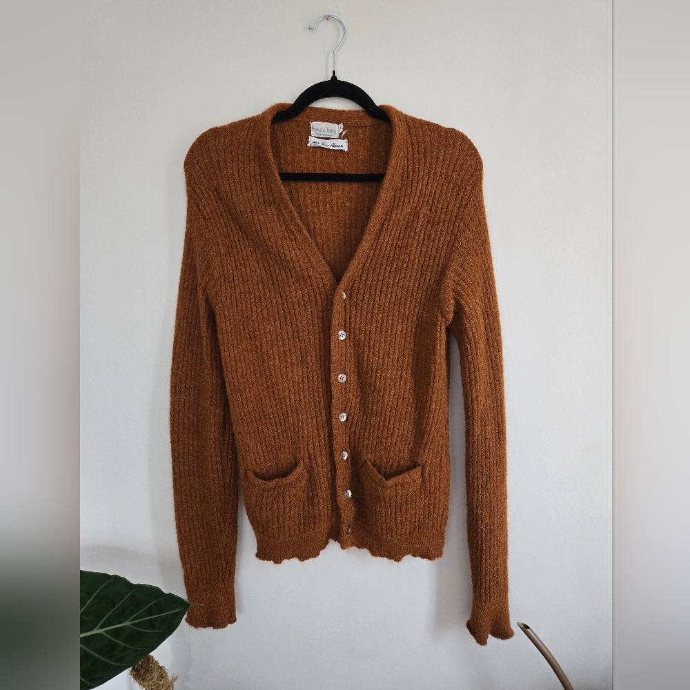 Amazing Vintage Copper-Colored Knit Cardigan Sweater 1960s 100% fine alpaca wool
